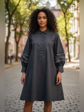 Chico's Knee-Length Poplin Popover Shirt Dress Sz 12 Black Long-Sleeve Eyelet